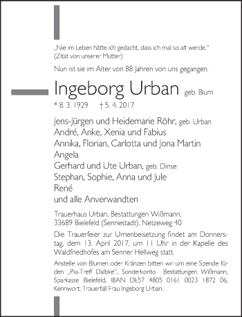 Traueranzeige von Ingeborg Urban von Neue Westfälische
