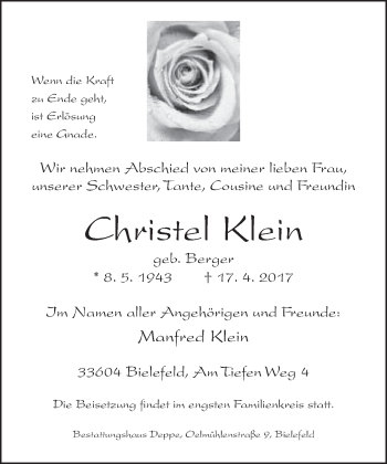 Traueranzeige von Christel Klein von Neue Westfälische