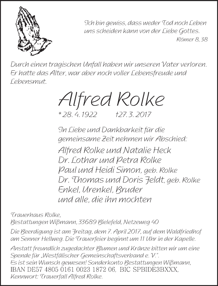  Traueranzeige für Alfred Rolke vom 01.04.2017 aus Neue Westfälische