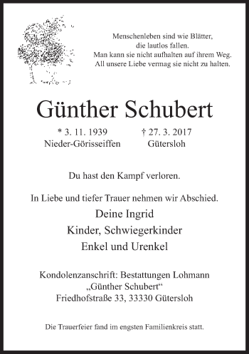 Traueranzeige von Günther Schubert von Neue Westfälische