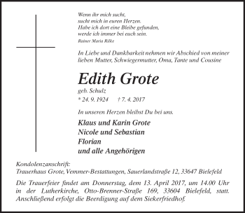Traueranzeige von Edith Grote von Neue Westfälische