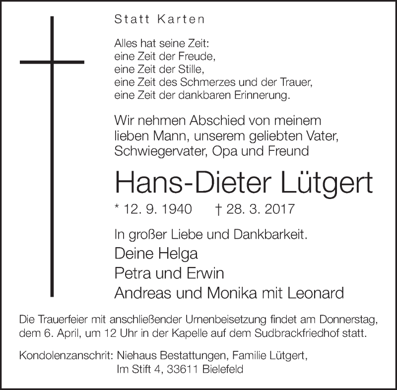  Traueranzeige für Hans-Dieter Lütgert vom 01.04.2017 aus Neue Westfälische