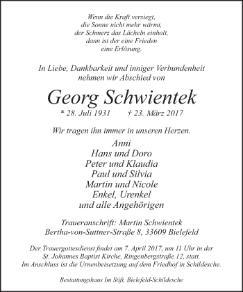 Traueranzeige von Georg Schwientek von Neue Westfälische
