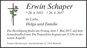 Traueranzeige von Erwin Schaper von Neue Westfälische