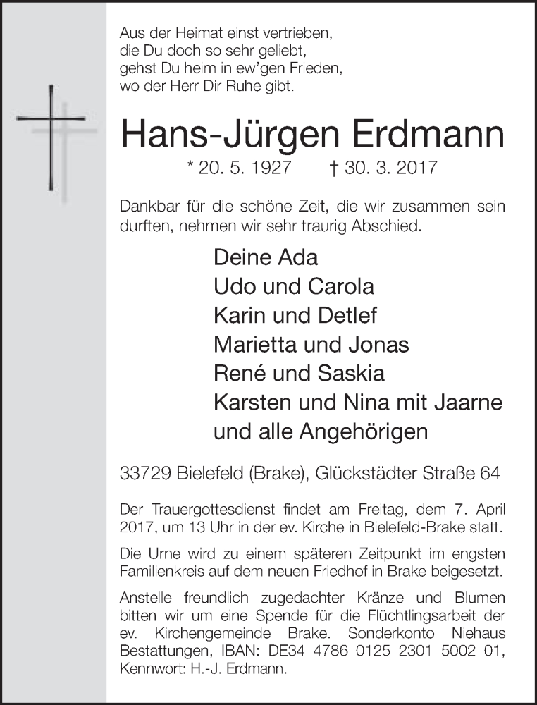  Traueranzeige für Hans-Jürgen Erdmann vom 03.04.2017 aus Neue Westfälische