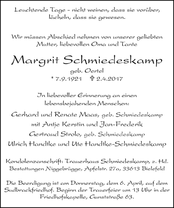 Traueranzeige von Margrit Schmiedeskamp von Neue Westfälische