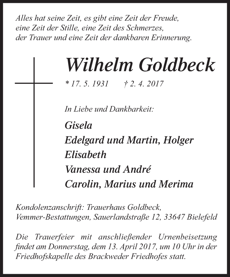  Traueranzeige für Wilhelm Goldbeck vom 08.04.2017 aus Neue Westfälische