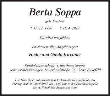 Traueranzeige von Berta Soppa von Neue Westfälische
