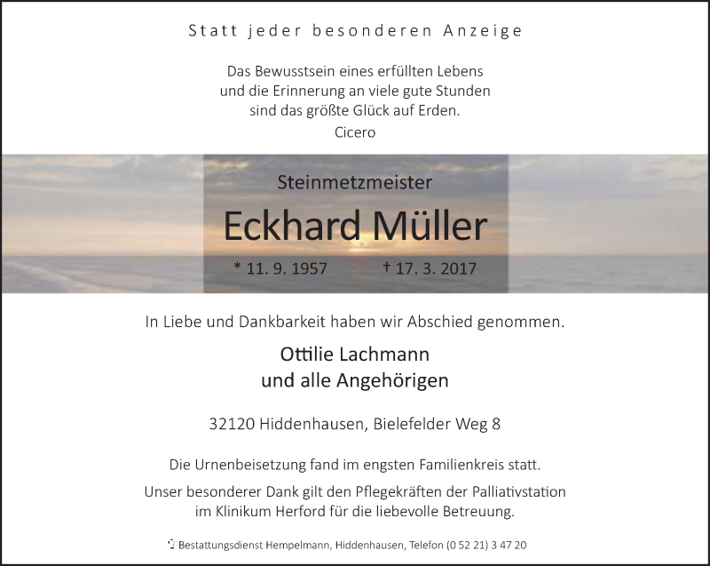  Traueranzeige für Eckhard Müller vom 01.04.2017 aus Neue Westfälische