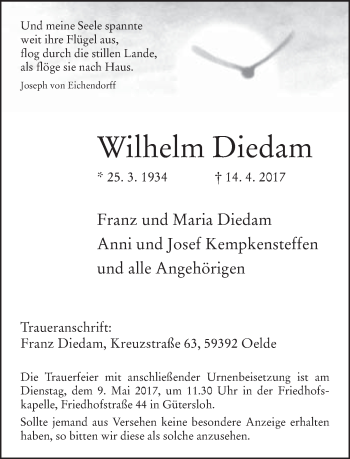 Traueranzeige von Wilhelm Diedam von Neue Westfälische