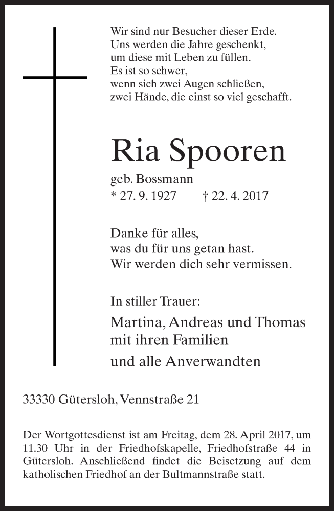  Traueranzeige für Ria Spooren vom 24.04.2017 aus Neue Westfälische