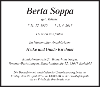 Traueranzeige von Berta Soppa von Neue Westfälische