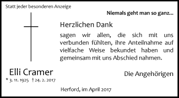 Traueranzeige von Elli Cramer von Neue Westfälische