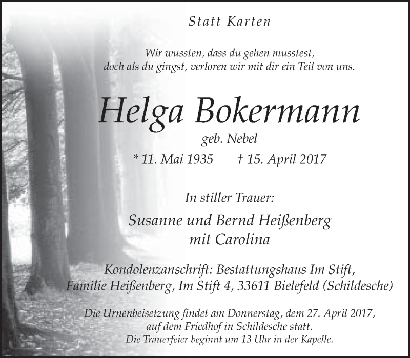  Traueranzeige für Helga Bokermann vom 22.04.2017 aus Neue Westfälische