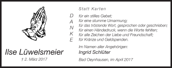 Traueranzeige von Ilse Lüwelsmeier von Neue Westfälische