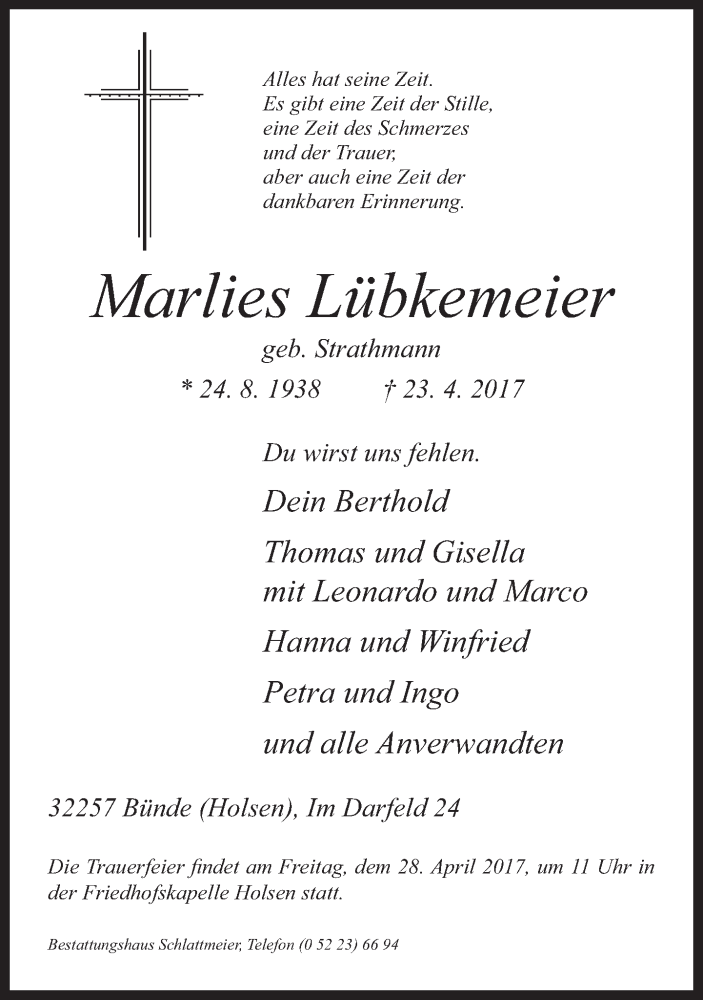  Traueranzeige für Marlies Lübkemeier vom 25.04.2017 aus Neue Westfälische