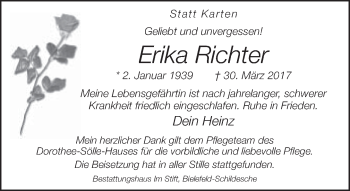 Traueranzeige von Erika Richter von Neue Westfälische