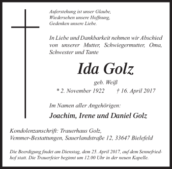 Traueranzeige von Ida Golz von Neue Westfälische