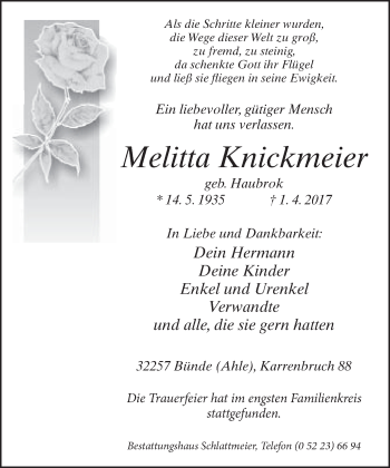 Traueranzeige von Melitta Knickmeier von Neue Westfälische
