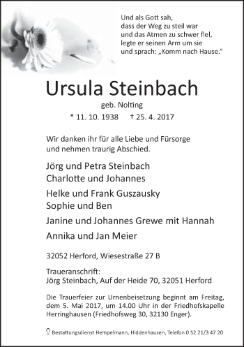 Traueranzeige von Ursula Steinbach von Neue Westfälische