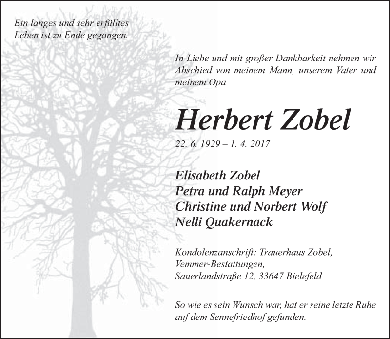  Traueranzeige für Herbert Zobel vom 22.04.2017 aus Neue Westfälische