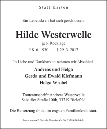 Traueranzeige von Hilde Westerwelle von Neue Westfälische