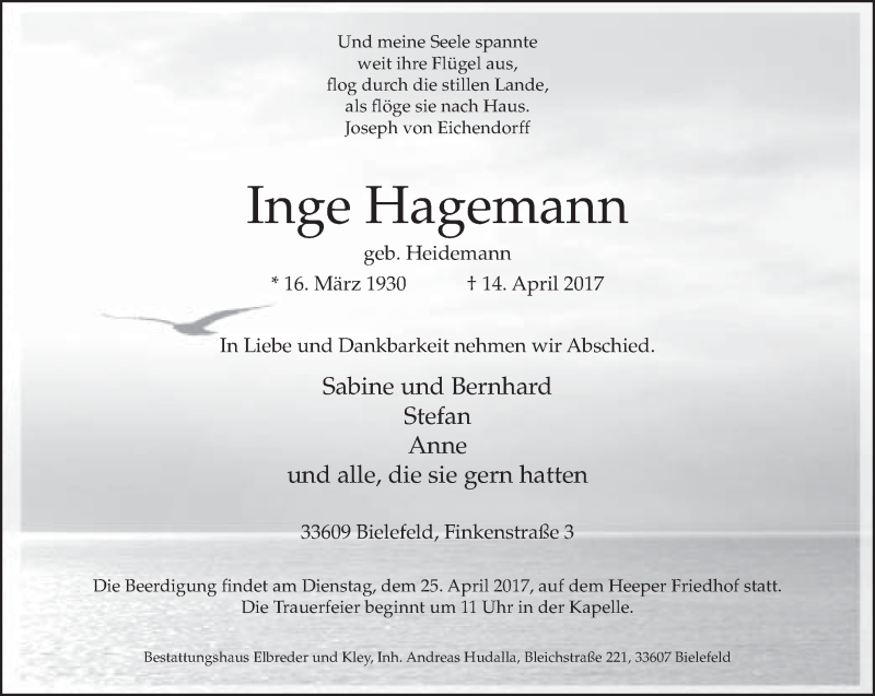  Traueranzeige für Inge Hagemann vom 22.04.2017 aus Neue Westfälische