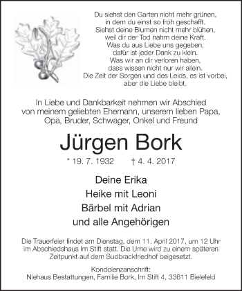 Traueranzeige von Jürgen Bork von Neue Westfälische