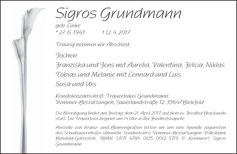  Traueranzeige für Sigros Grundmann vom 14.04.2017 aus Neue Westfälische