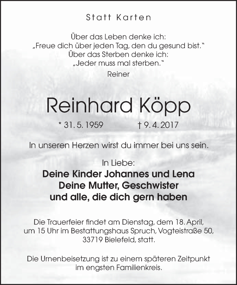  Traueranzeige für Reinhard Köpp vom 12.04.2017 aus Neue Westfälische