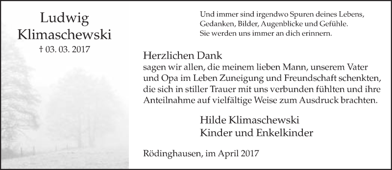  Traueranzeige für Ludwig Klimaschewski vom 13.04.2017 aus Neue Westfälische
