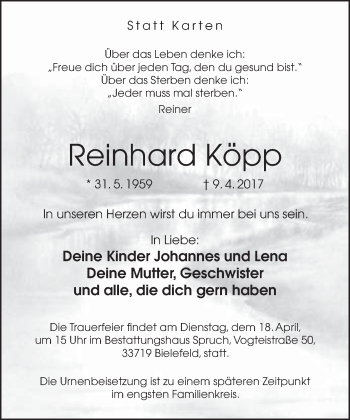 Traueranzeige von Reinhard Köpp von Neue Westfälische