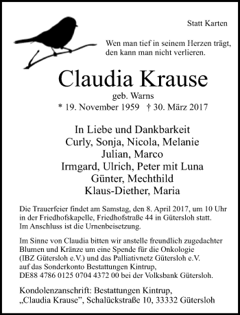 Traueranzeige von Claudia Krause von Neue Westfälische