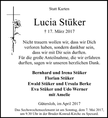 Traueranzeige von Lucia Stüker von Neue Westfälische