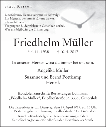 Traueranzeige von Friedhelm Müller von Neue Westfälische