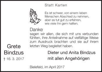 Traueranzeige von Grete Bindzus von Neue Westfälische