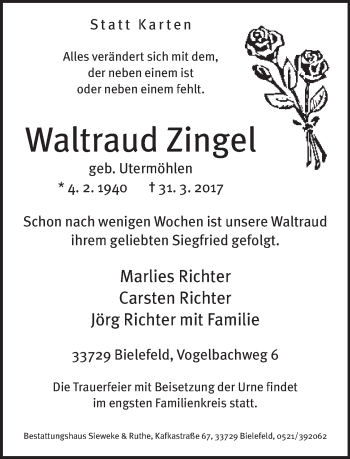 Traueranzeige von Waltraud Zingel von Neue Westfälische