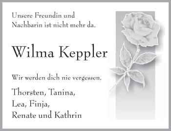 Traueranzeige von Wilma Keppler von Neue Westfälische