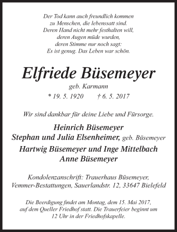 Traueranzeige von Elfriede Büsemeyer von Neue Westfälische