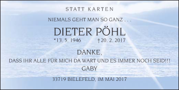 Traueranzeige von Dieter Pöhl von Neue Westfälische