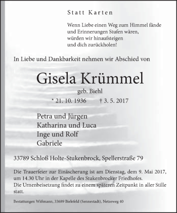 Traueranzeige von Gisela Krümmel von Neue Westfälische