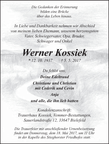 Traueranzeige von Werner Kossiek von Neue Westfälische
