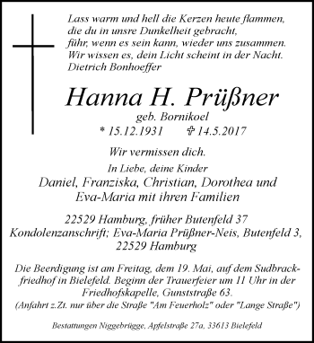 Traueranzeige von Hanna H. Prüßner von Neue Westfälische