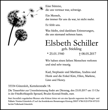 Traueranzeige von Elsbeth Schiller von Neue Westfälische