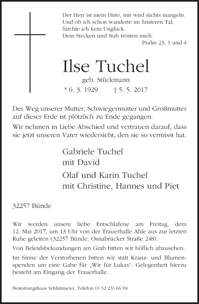 Traueranzeige für Ilse Tuchel vom 10.05.2017 aus Neue Westfälische
