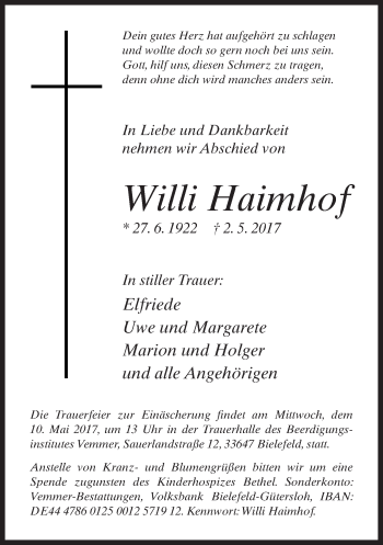 Traueranzeige von Willi Haimhof von Neue Westfälische