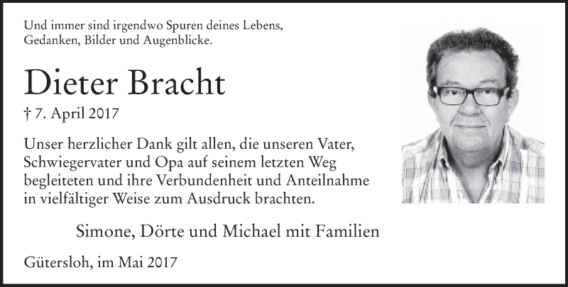  Traueranzeige für Dieter Bracht vom 13.05.2017 aus Neue Westfälische