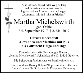 Traueranzeige von Martha Michelswirth von Neue Westfälische