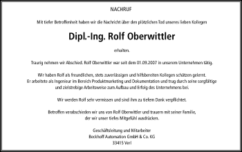 Traueranzeige von Rolf Oberwittler von Neue Westfälische