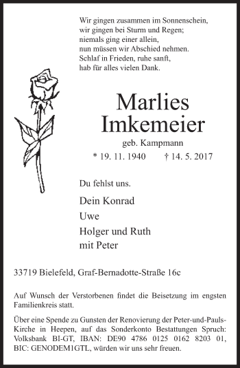 Traueranzeige von Marlies Imkemeier von Neue Westfälische
